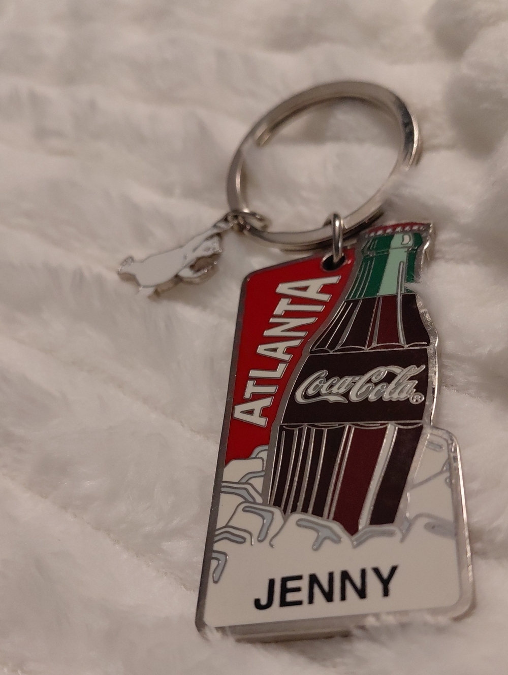 Coca Cola Red, Green & White Atlanta Personalized Bottle Keyring, Name Jenny